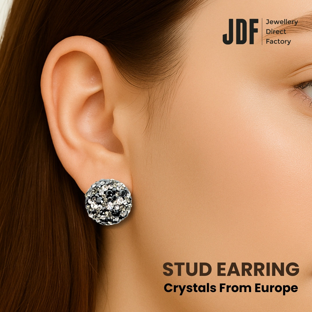 Elegant Dome Earclips with Crystals from Europe, Crystal Earrings, Worn by Model, Crystals from Europe, One-Year Warranty - Jewellery Direct Factory in alabaster background