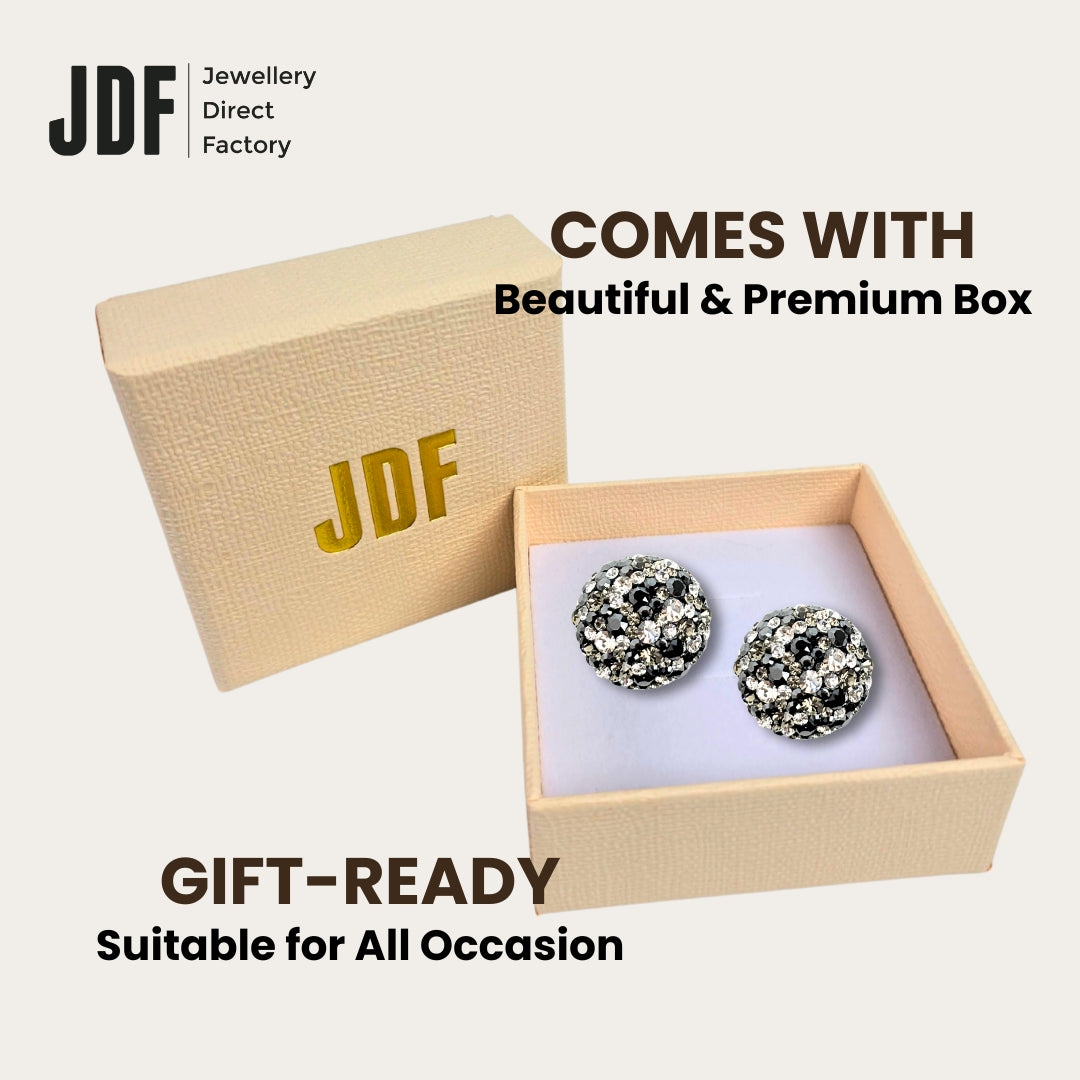 Elegant Dome Earclips with Crystals from Europe, Crystal Earrings, Packaging Display, Crystals from Europe, One-Year Warranty - Jewellery Direct Factory in alabaster background