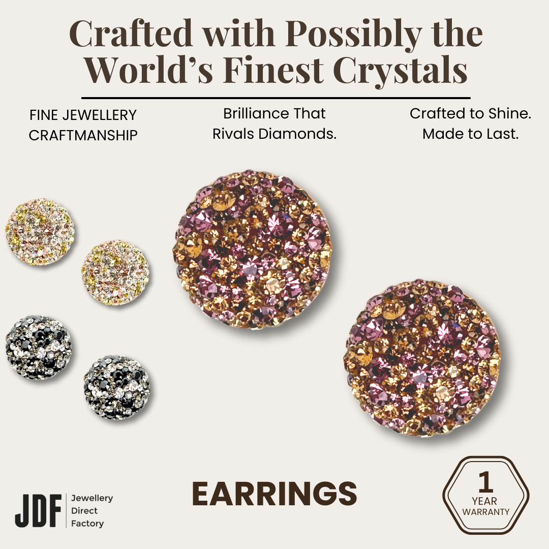 Elegant Dome Earclips with Crystals from Europe, Crystal Earrings, White, Purple, Black, Crystals from Europe, One-Year Warranty - Jewellery Direct Factory in alabaster background