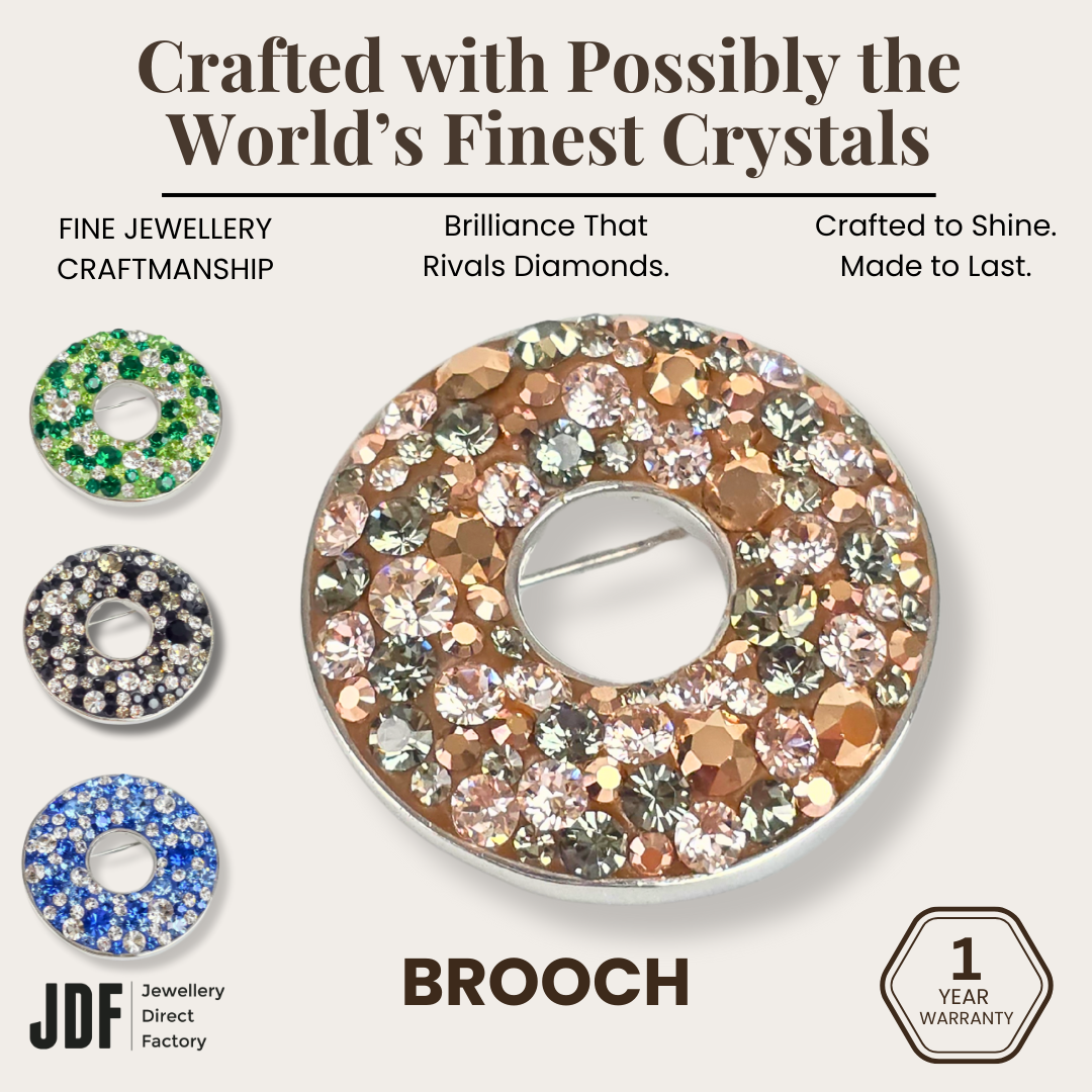 Elegant Donut Brooch with Crystals from Europe, Brooch, Blue, Beige, Green, Black, Crystals from Europe, One-Year Warranty - Jewellery Direct Factory in alabaster background