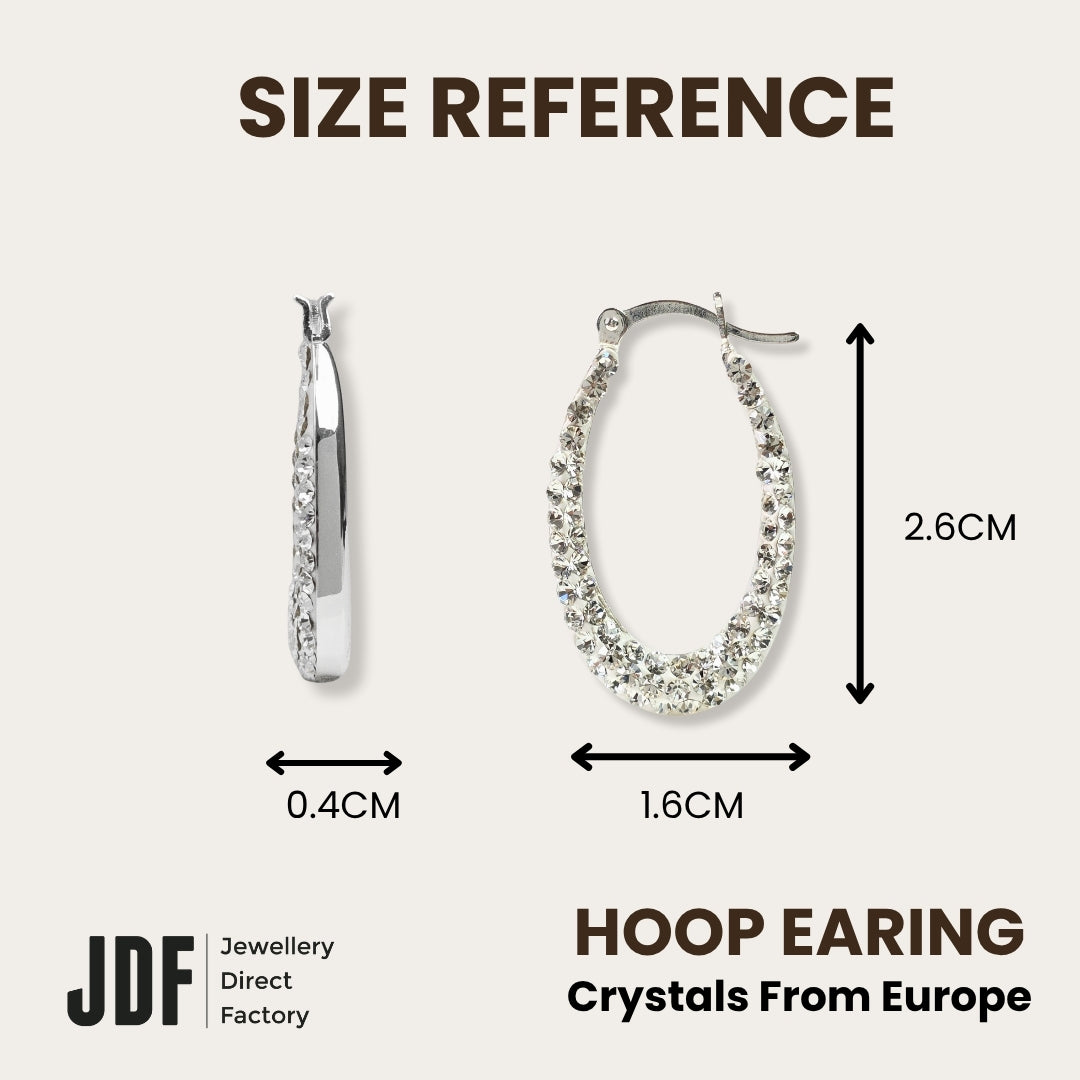 Elegant Drop Hoop Earrings with Crystals from Europe, Crystal Earrings, Size Reference, Crystals from Europe, One-Year Warranty - Jewellery Direct Factory in alabaster background