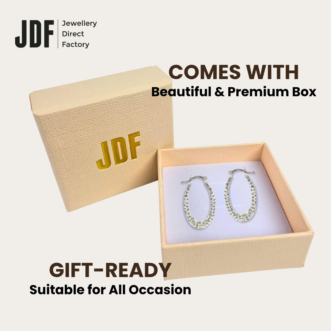 Elegant Drop Hoop Earrings with Crystals from Europe, Crystal Earrings, Packaging Display, Crystals from Europe, One-Year Warranty - Jewellery Direct Factory in alabaster background