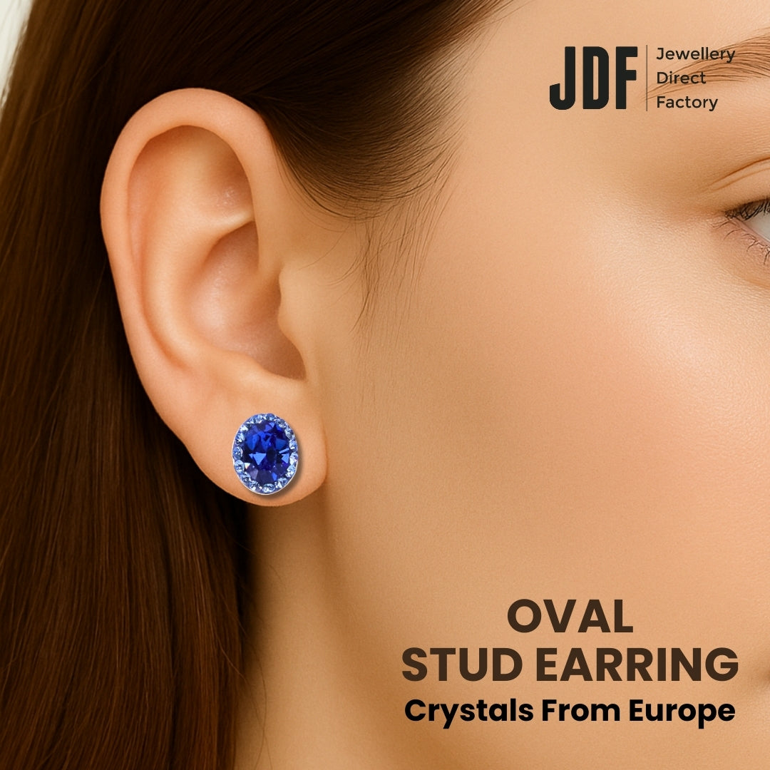 Elegant Oval Stud Earrings with Crystals from Europe, Crystal Earrings, Worn by Model, Crystals from Europe, One-Year Warranty - Jewellery Direct Factory in alabaster background
