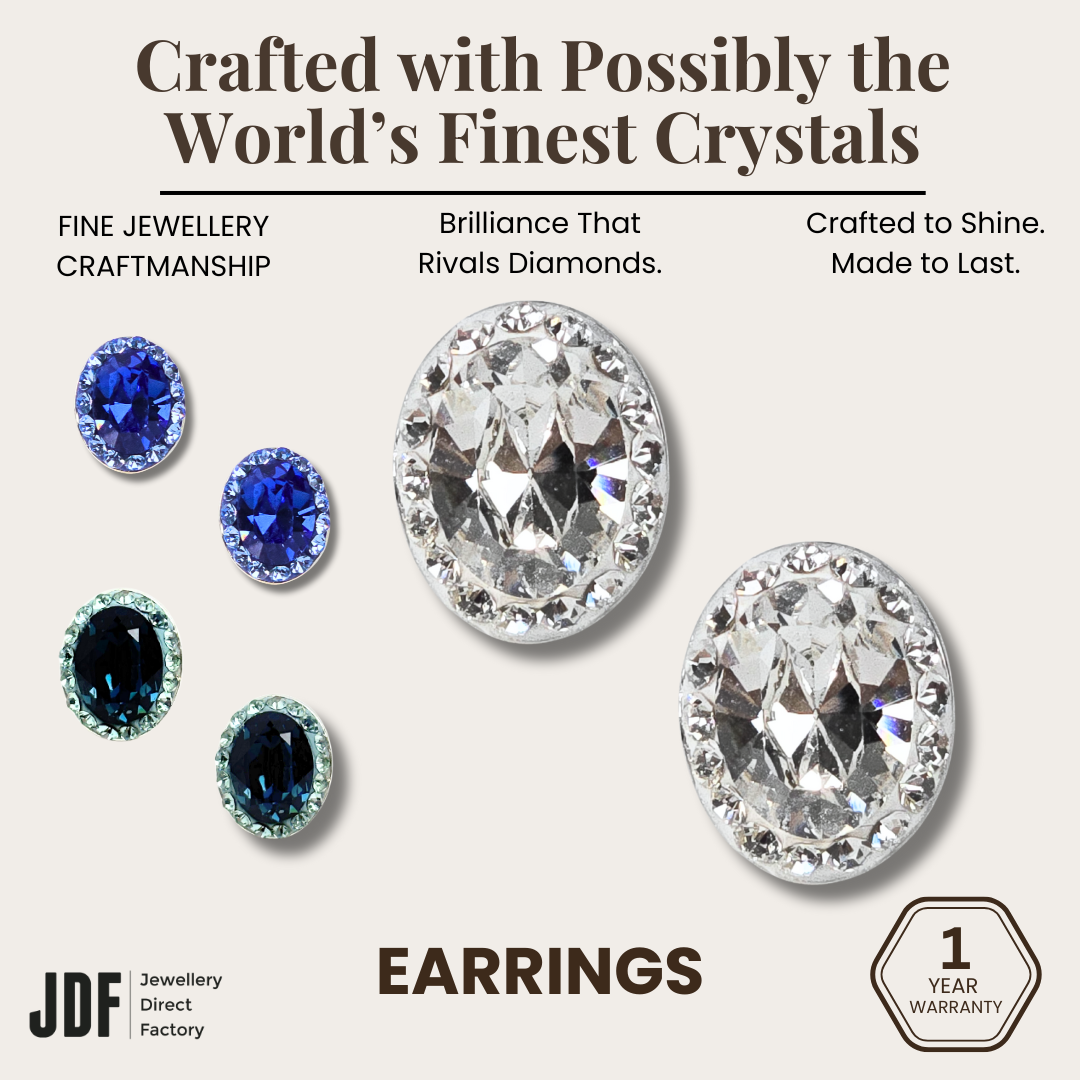 Elegant Oval Stud Earrings with Crystals from Europe, Crystal Earrings, White, Blue, Dark Blue, Crystals from Europe, One-Year Warranty - Jewellery Direct Factory in alabaster background