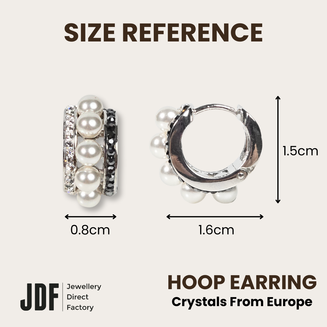 Elegant Pearl & Crystal Hoop Earrings with European Crystals, Crystal Earrings, Size Reference, European Crystals, One-Year Warranty - Jewellery Direct Factory in alabaster background