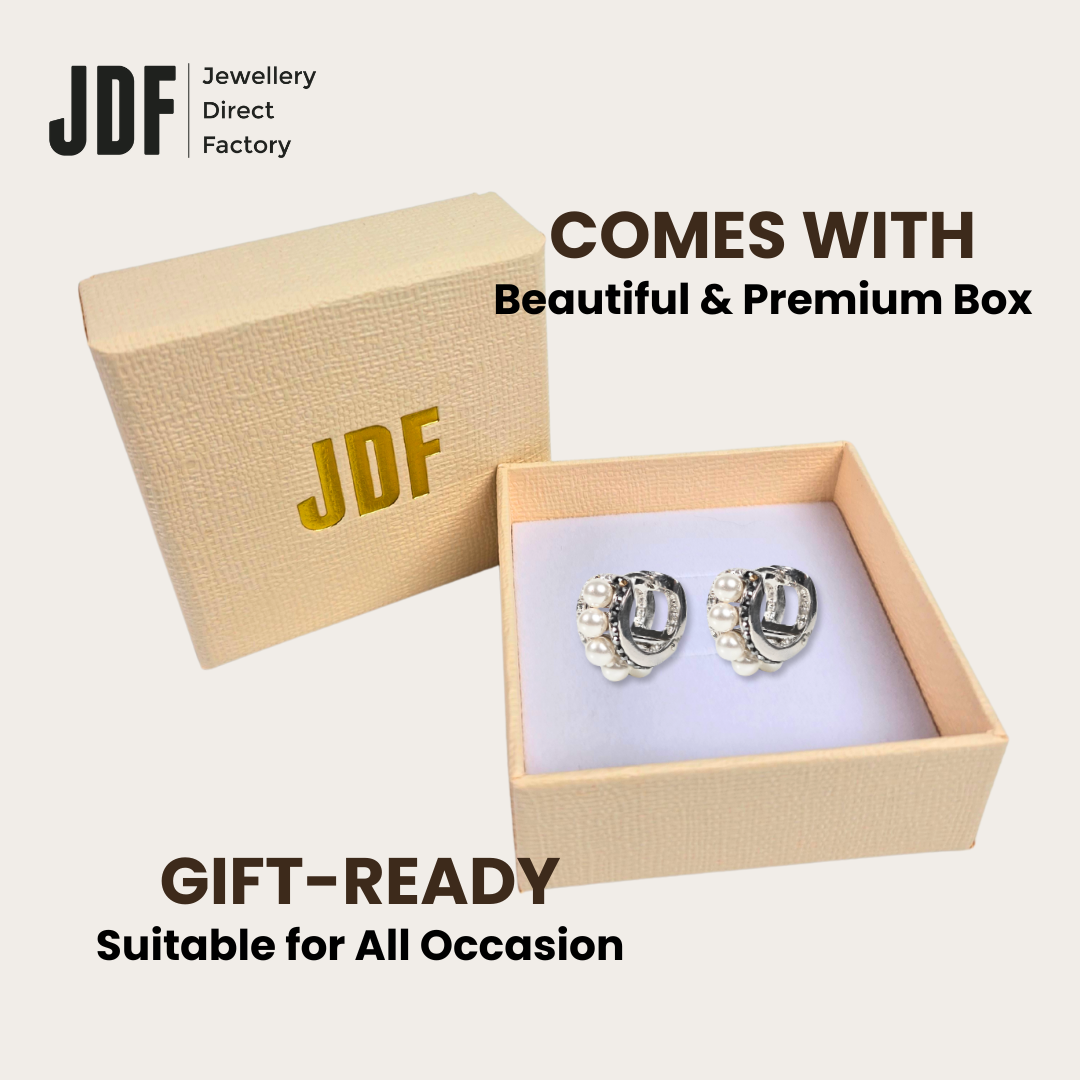 Elegant Pearl & Crystal Hoop Earrings with European Crystals, Crystal Earrings, Packaging Display, European Crystals, One-Year Warranty - Jewellery Direct Factory in alabaster background