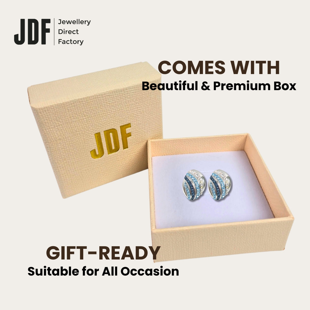 Elegant Seashell Stud Earrings with Crystals from Europe, Crystal Earrings, Packaging Display, Crystals from Europe, One-Year Warranty - Jewellery Direct Factory in alabaster background