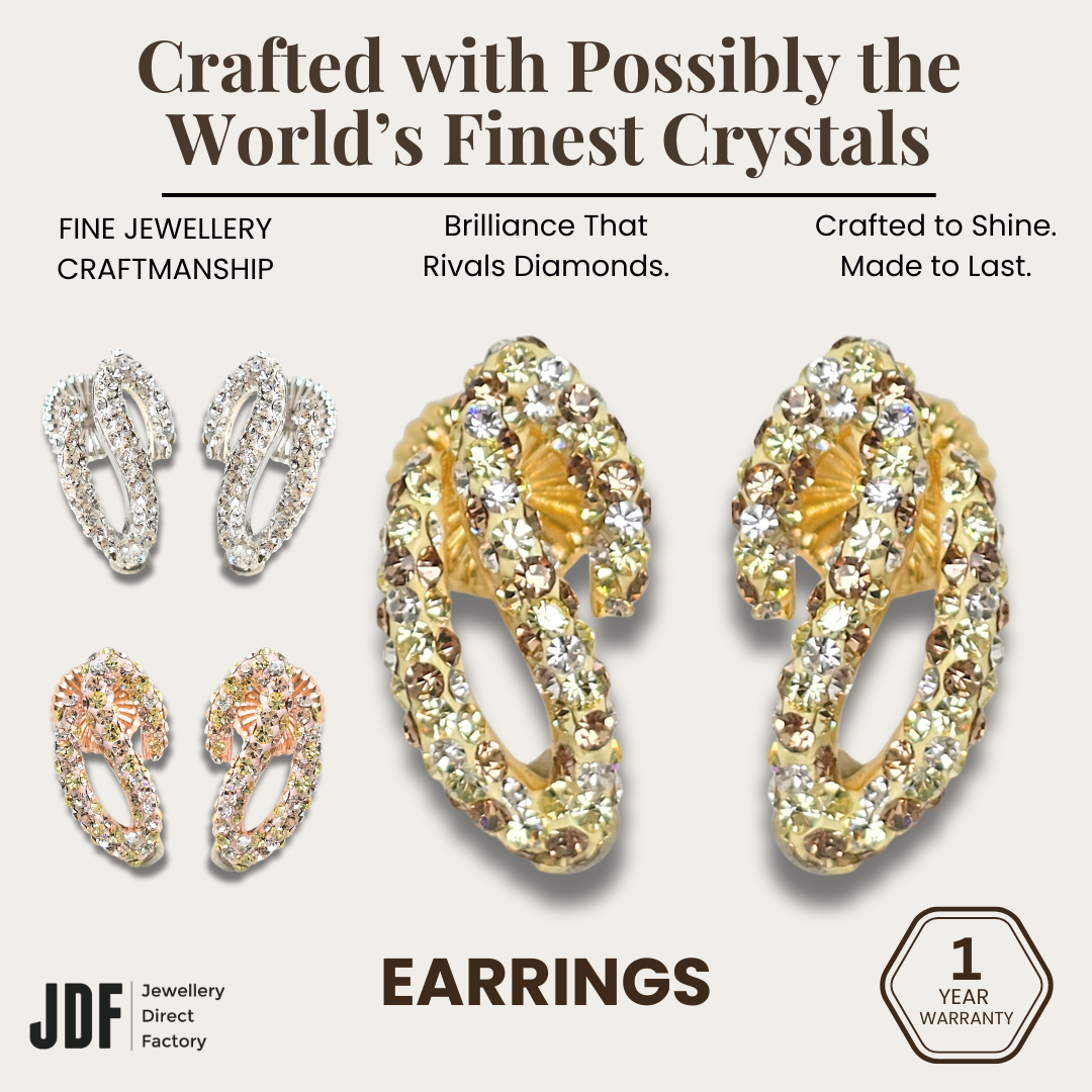 Elegant Serpentine Earrings with Crystals from Europe, Crystal Earrings, White, Rose Gold, Yellow Gold, Crystals from Europe, One-Year Warranty - Jewellery Direct Factory in alabaster background