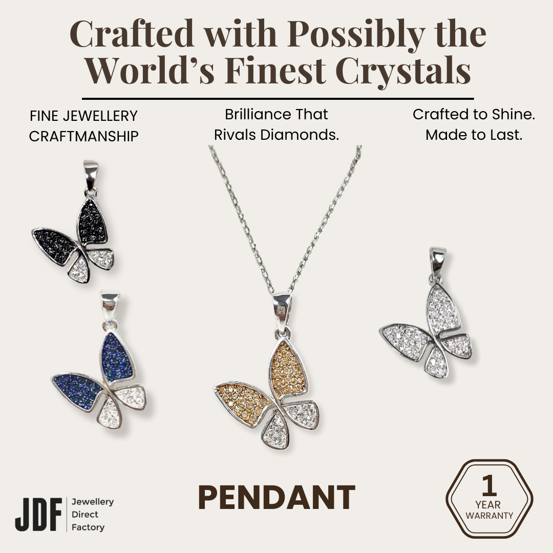 Elegant Sparkle Butterfly Pendant, Pendant, Gold, Black, Dark Blue, White, Crystals from Europe, One-Year Warranty - Jewellery Direct Factory in alabaster background