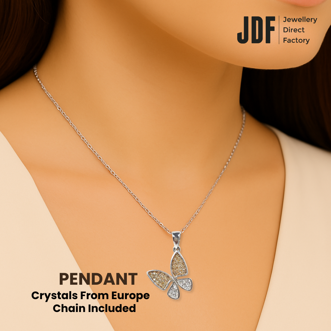 Elegant Sparkle Butterfly Pendant, Pendant, Worn by Model, Crystals from Europe, One-Year Warranty - Jewellery Direct Factory in alabaster background