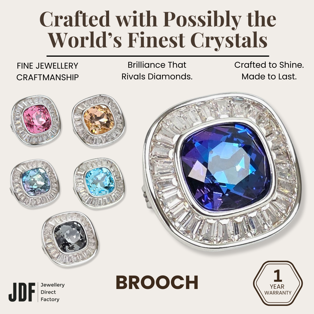 Elegant Square Brooch with Crystal From Europe, Brooch, Blue, Pink, Light Blue, Peach, Aqua, Gray, Crystals from Europe, One-Year Warranty - Jewellery Direct Factory in alabaster background