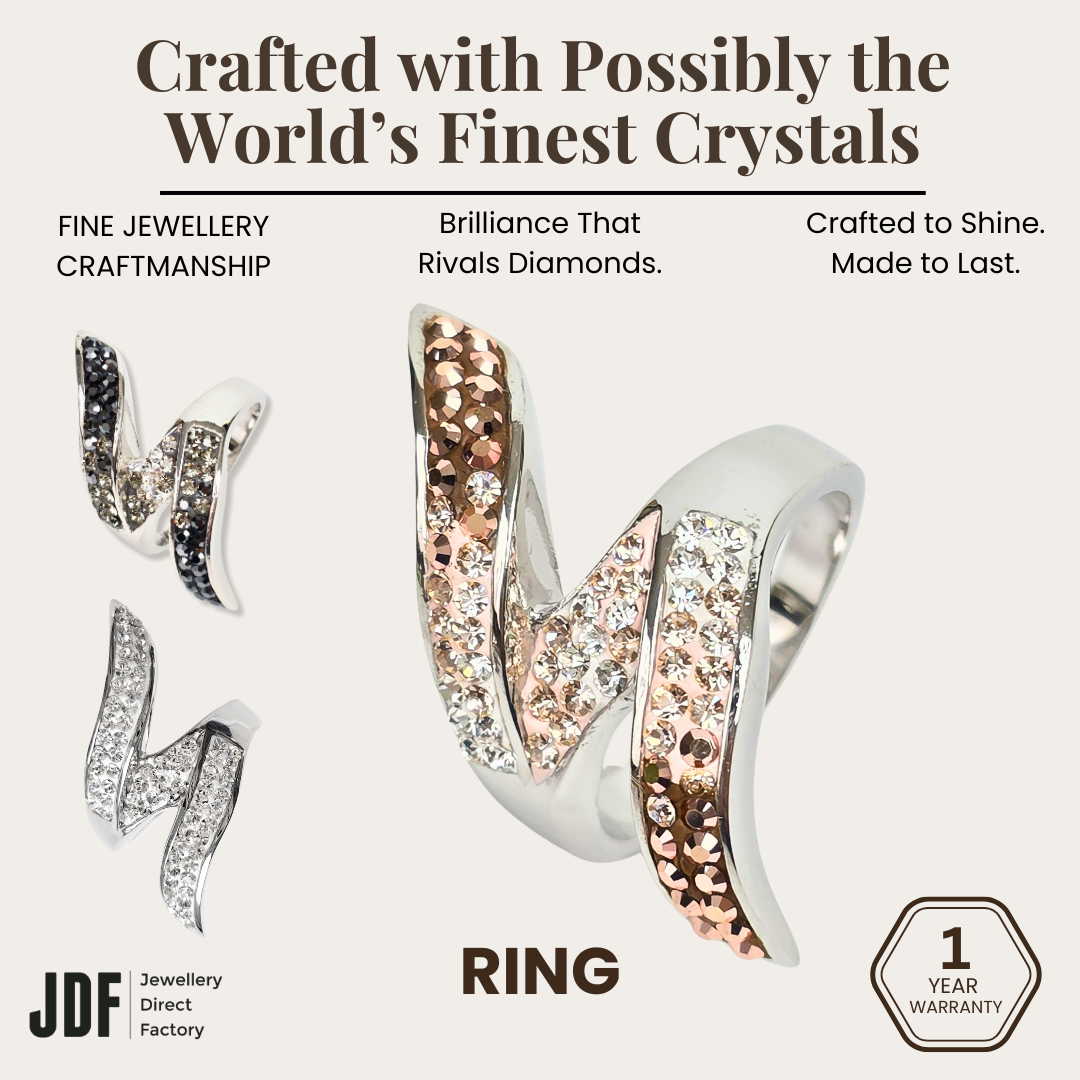 Elegant Swirl Ring with Crystals From Europe, Crystal Ring, Peach White Black, Crystals From Europe, One-Year Warranty - Jewellery Direct Factory in alabaster background