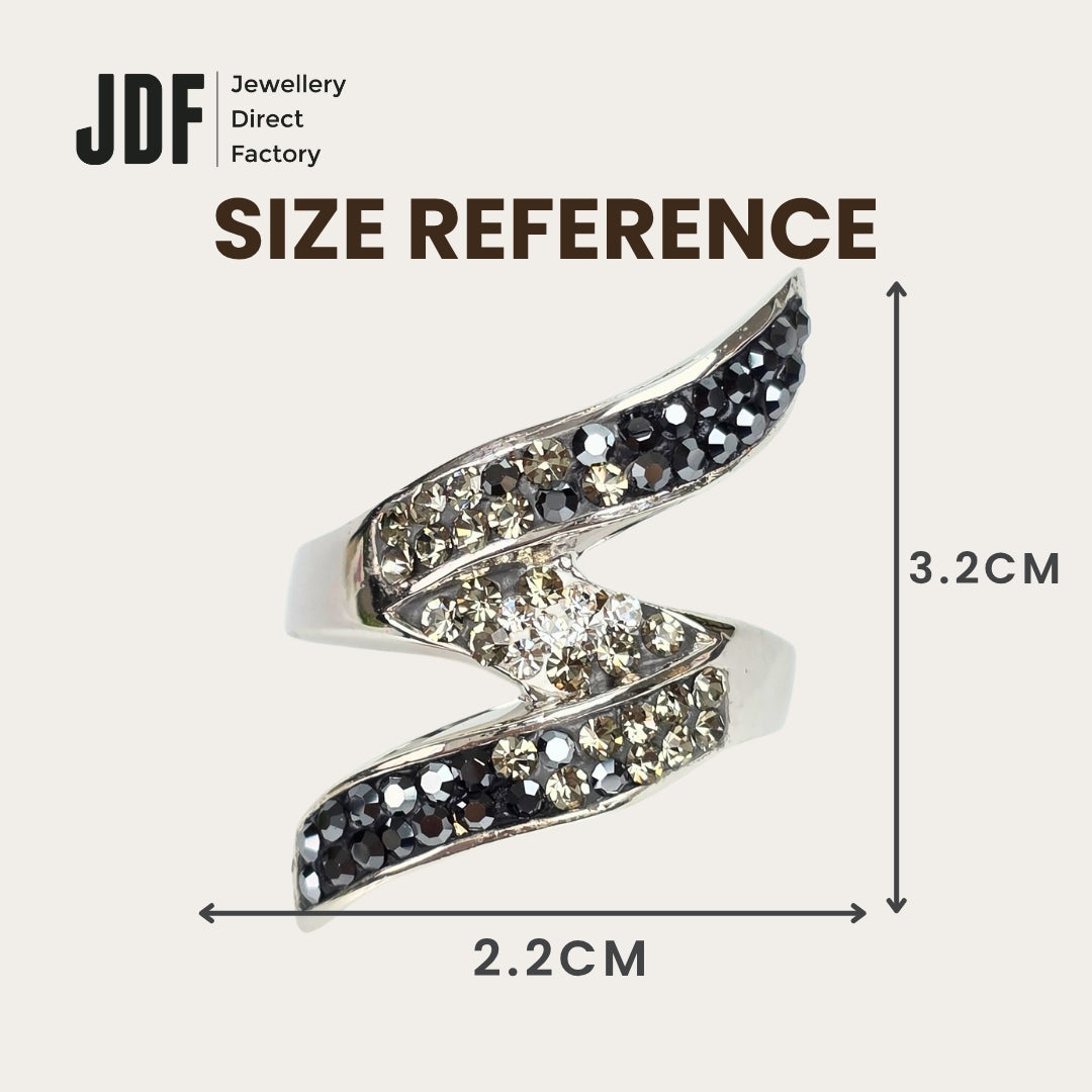 Elegant Swirl Ring with Crystals From Europe, Crystal Ring, Size Reference, Crystals From Europe, One-Year Warranty - Jewellery Direct Factory in alabaster background