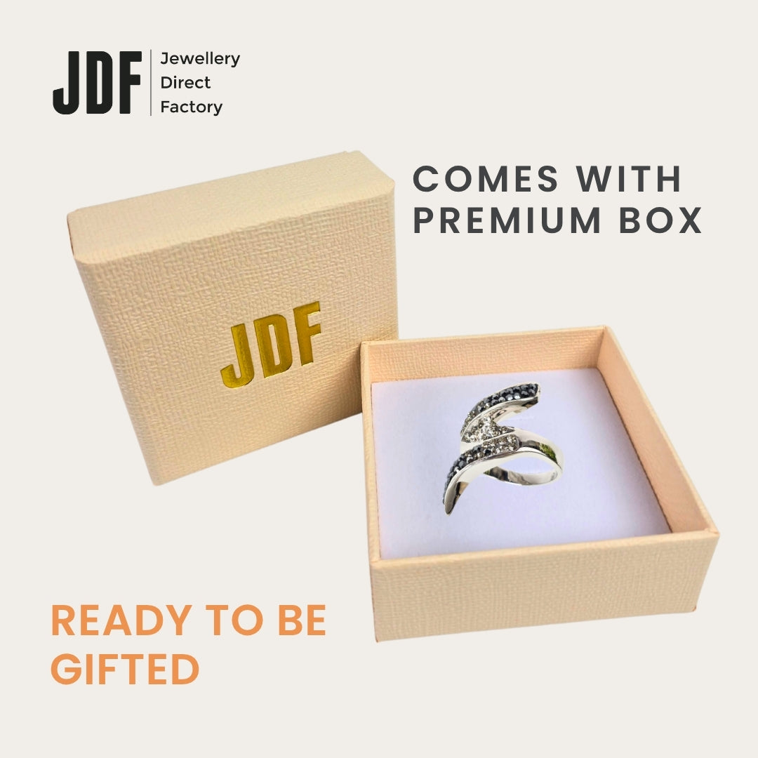 Elegant Swirl Ring with Crystals From Europe, Crystal Ring, Inside Jewellery Box Packaging, Crystals From Europe, One-Year Warranty - Jewellery Direct Factory in alabaster background