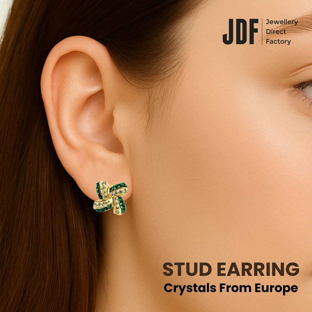 Elegant Windmill Stud Earrings with Crystals from Europe, Crystal Earrings, Worn by Model, Crystals from Europe, One-Year Warranty - Jewellery Direct Factory in alabaster background