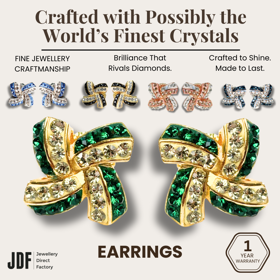 Elegant Windmill Stud Earrings with Crystals from Europe, Crystal Earrings, Green, Rose Gold, Yellow Gold, Light Blue, Blue, Crystals from Europe, One-Year Warranty - Jewellery Direct Factory in alabaster background