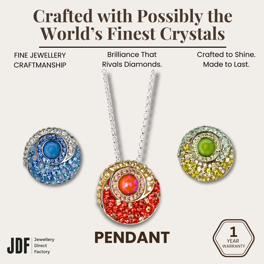 Energy Round Pendant Cum Brooch with Crystal From Europe, Pendant Brooch, Sky Blue Orange Green, Crystal From Europe, One-Year Warranty - Jewellery Direct Factory in alabaster background