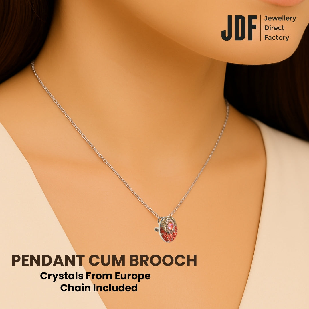 Energy Round Pendant Cum Brooch with Crystal From Europe, Pendant Brooch, Worn by Woman Model, Crystal From Europe, One-Year Warranty - Jewellery Direct Factory in alabaster background
