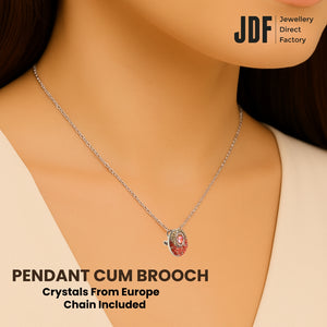 Energy Round Pendant Cum Brooch with Crystal From Europe, Pendant Brooch, Worn by Woman Model, Crystal From Europe, One-Year Warranty - Jewellery Direct Factory in alabaster background