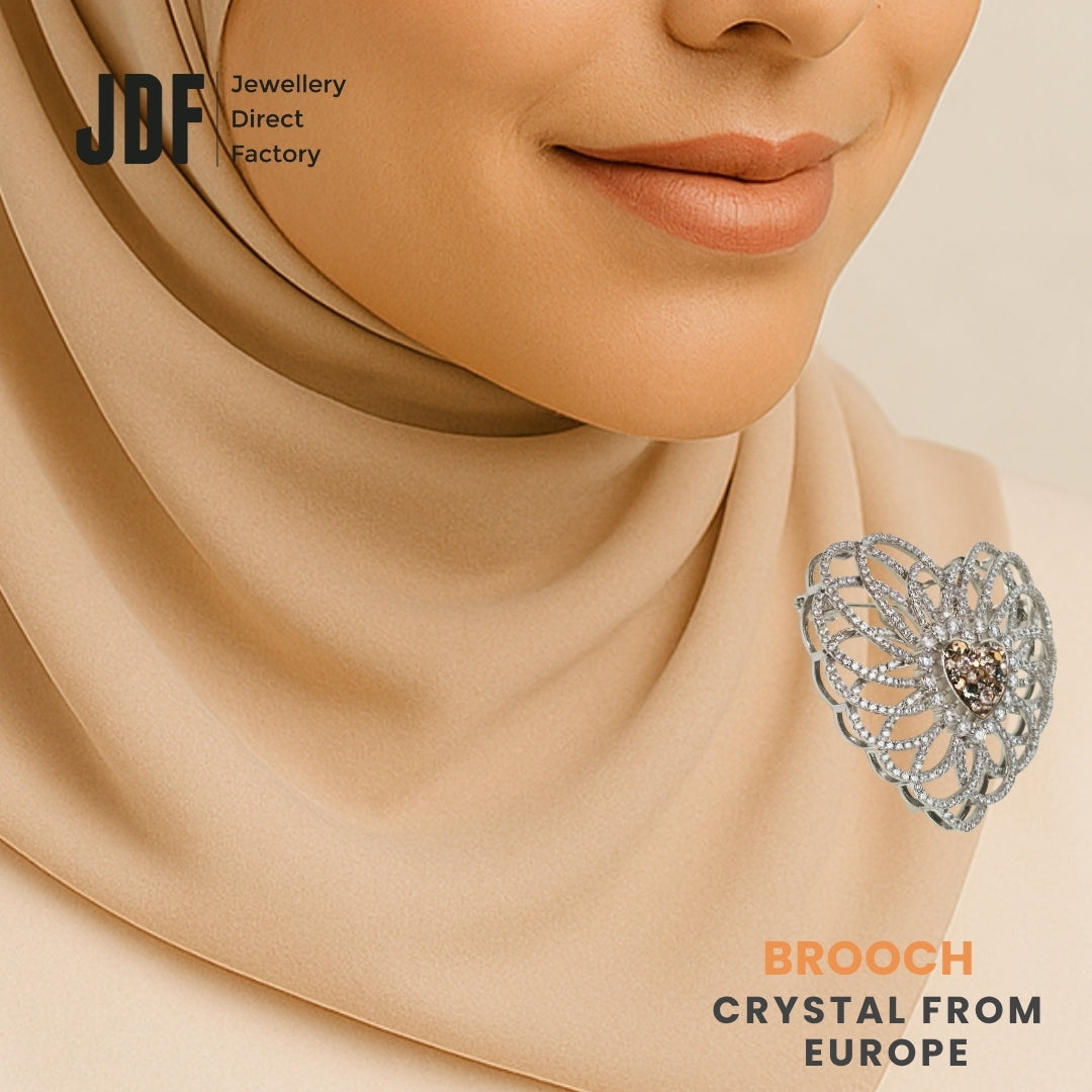 Eternal Heart Big Brooch with Crystals from Europe, Brooch, Worn on Tudung by Model, Crystals from Europe, One-Year Warranty - Jewellery Direct Factory in alabaster background