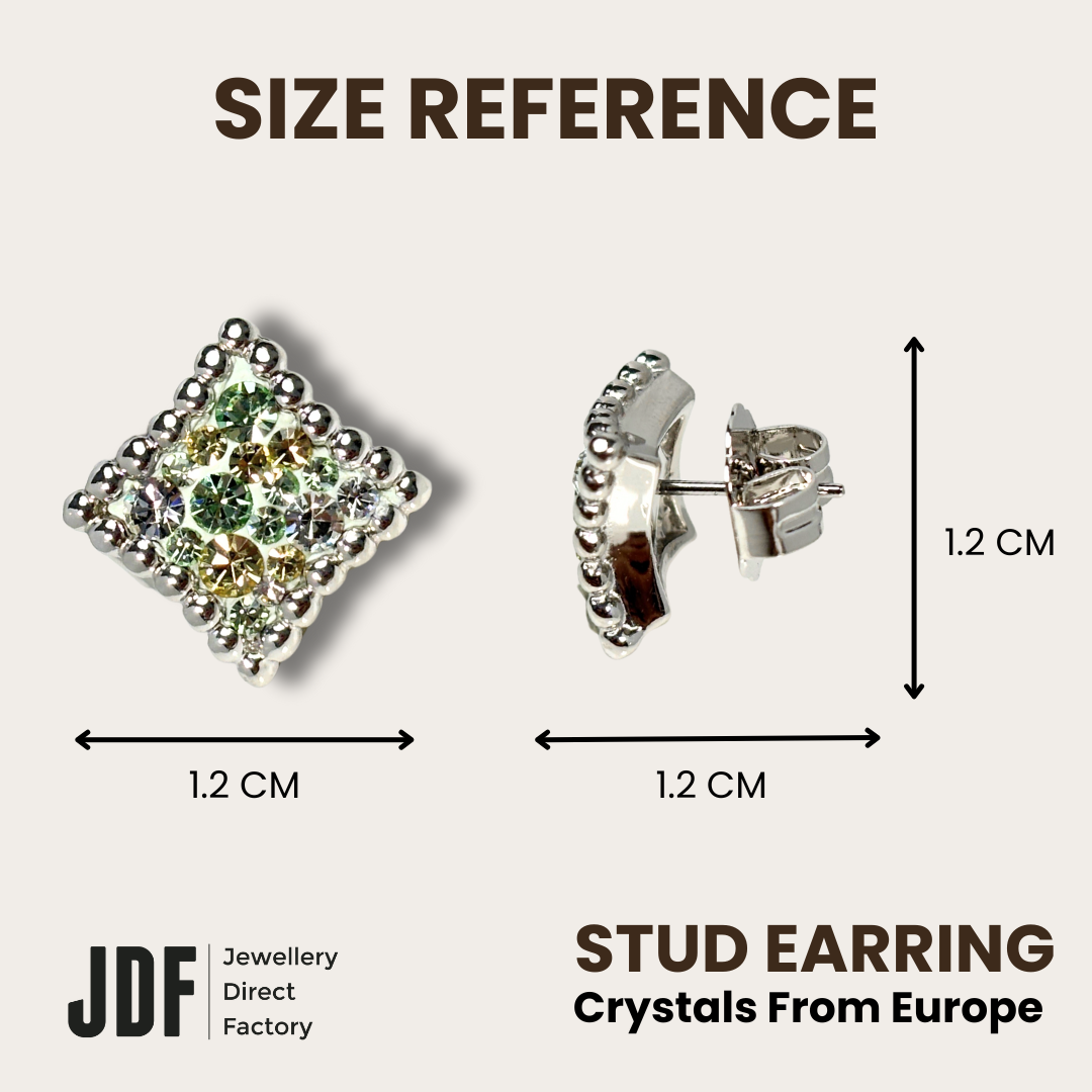 European Diamond Stud with Crystal From Europe, Crystal Earrings, Size Reference, Crystal From Europe, One-Year Warranty - Jewellery Direct Factory in alabaster background