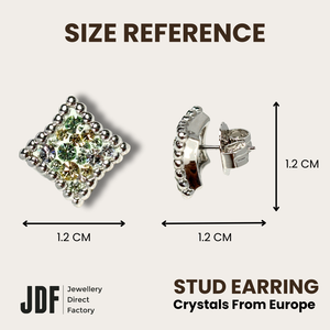 European Diamond Stud with Crystal From Europe, Crystal Earrings, Size Reference, Crystal From Europe, One-Year Warranty - Jewellery Direct Factory in alabaster background