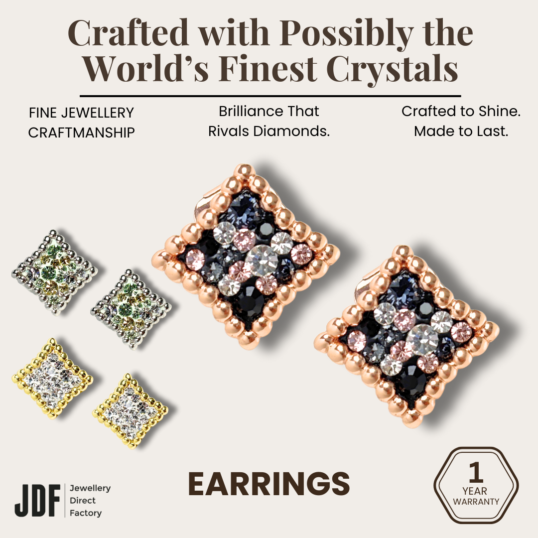 European Diamond Stud with Crystal From Europe, Crystal Earrings, White, Yellow Gold, Black, Crystal From Europe, One-Year Warranty - Jewellery Direct Factory in alabaster background