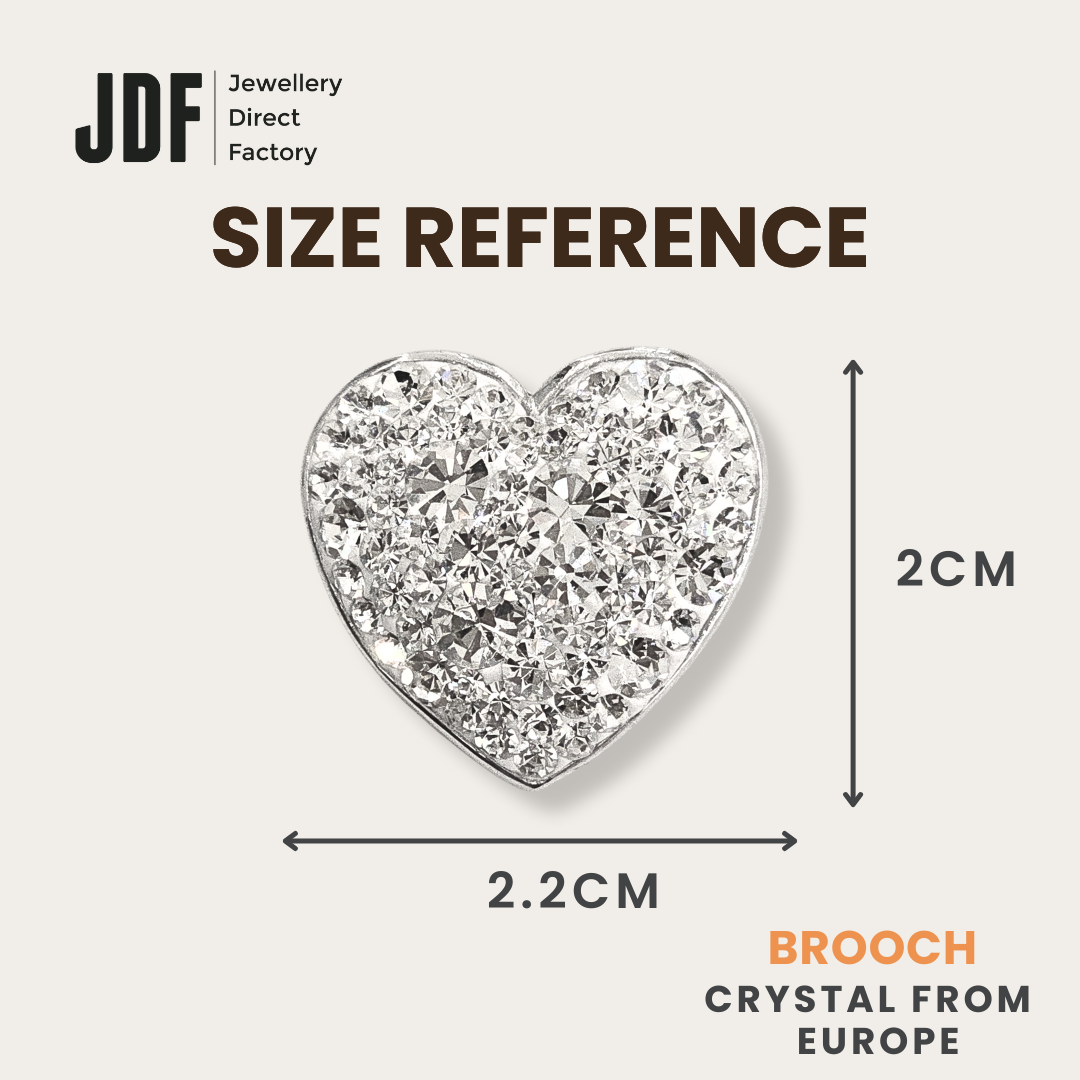 Exclusive Heart Brooch with Crystal from Europe, Brooch, Size Reference, Crystals from Europe, One-Year Warranty - Jewellery Direct Factory in alabaster background