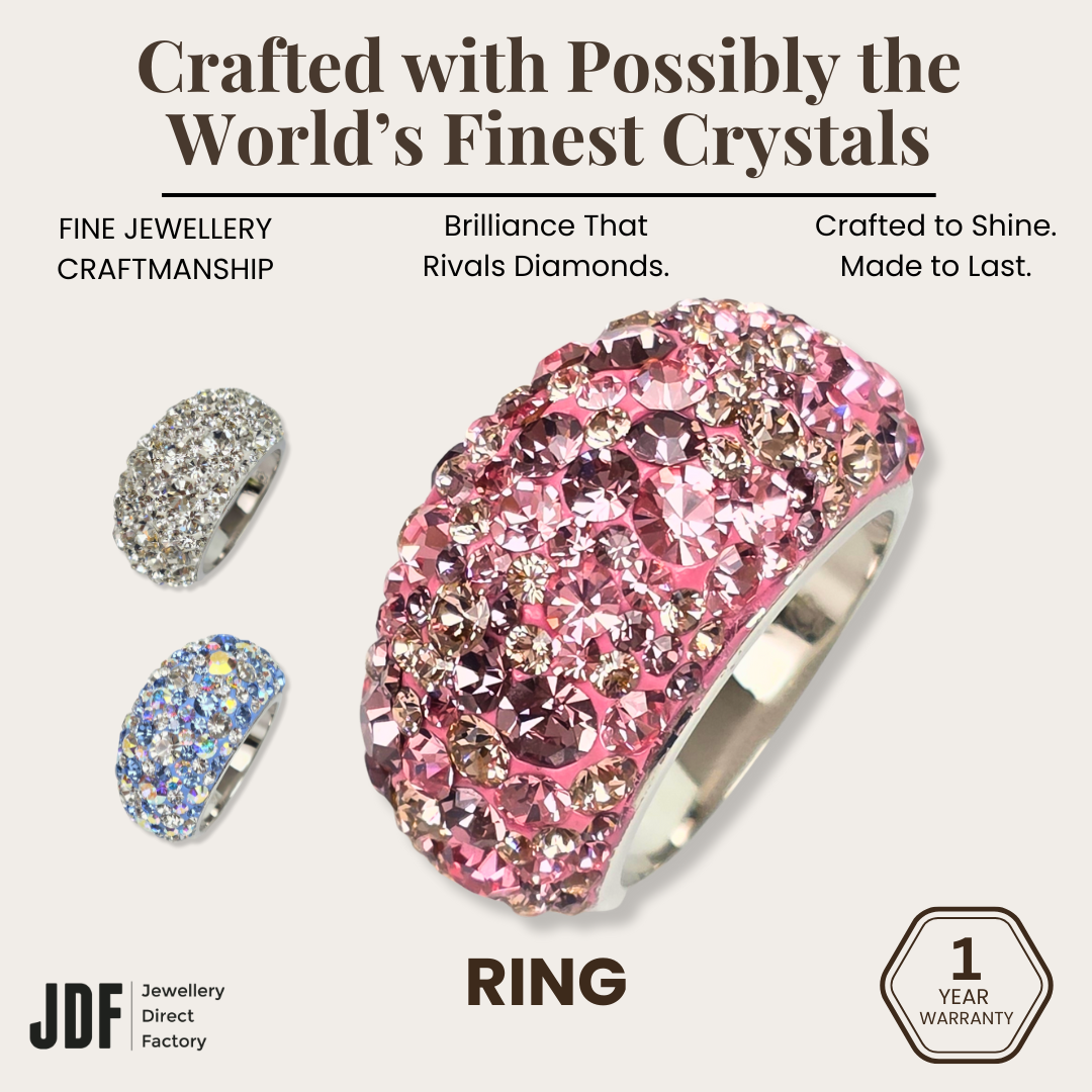 Exclusive Wide Band Ring with Crystals From Europe, Crystal Ring, White Blue Pink, Crystals From Europe, One-Year Warranty - Jewellery Direct Factory in alabaster background