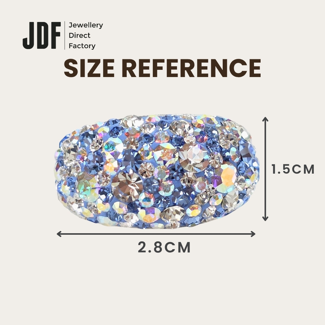 Exclusive Wide Band Ring with Crystals From Europe, Crystal Ring, Size Reference, Crystals From Europe, One-Year Warranty - Jewellery Direct Factory in alabaster background