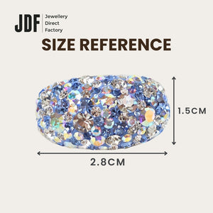 Exclusive Wide Band Ring with Crystals From Europe, Crystal Ring, Size Reference, Crystals From Europe, One-Year Warranty - Jewellery Direct Factory in alabaster background