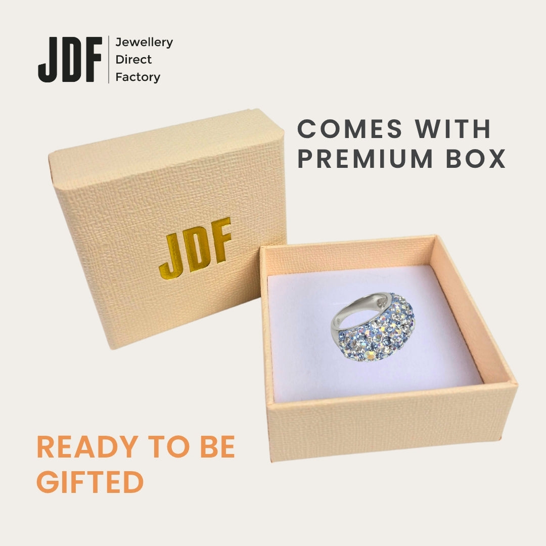 Exclusive Wide Band Ring with Crystals From Europe, Crystal Ring, Inside Jewellery Box Packaging, Crystals From Europe, One-Year Warranty - Jewellery Direct Factory in alabaster background