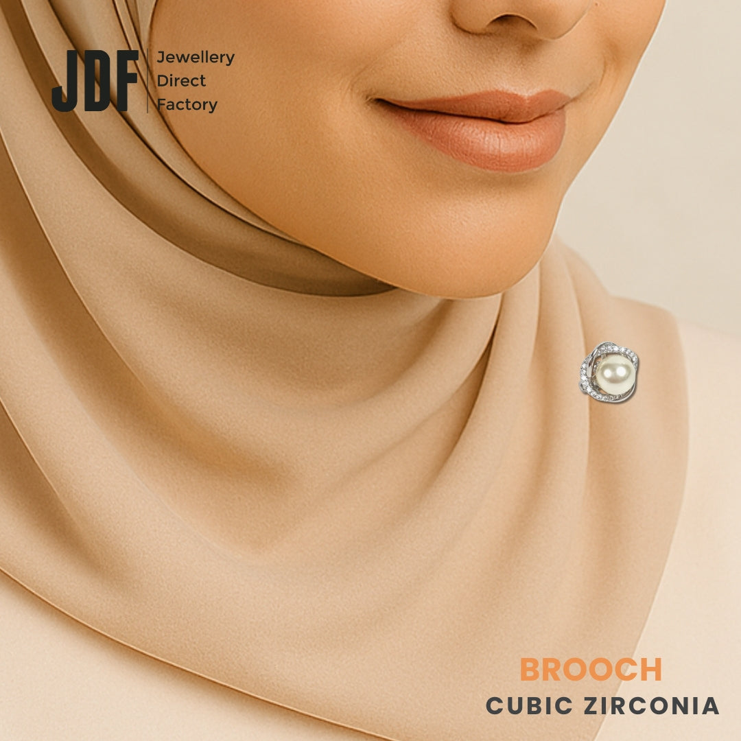 Floral-Shaped Brooch with Cubic Zirconia, Brooch, Worn on Tudung by Model Angle 2, Crystals from Europe, One-Year Warranty - Jewellery Direct Factory in alabaster background