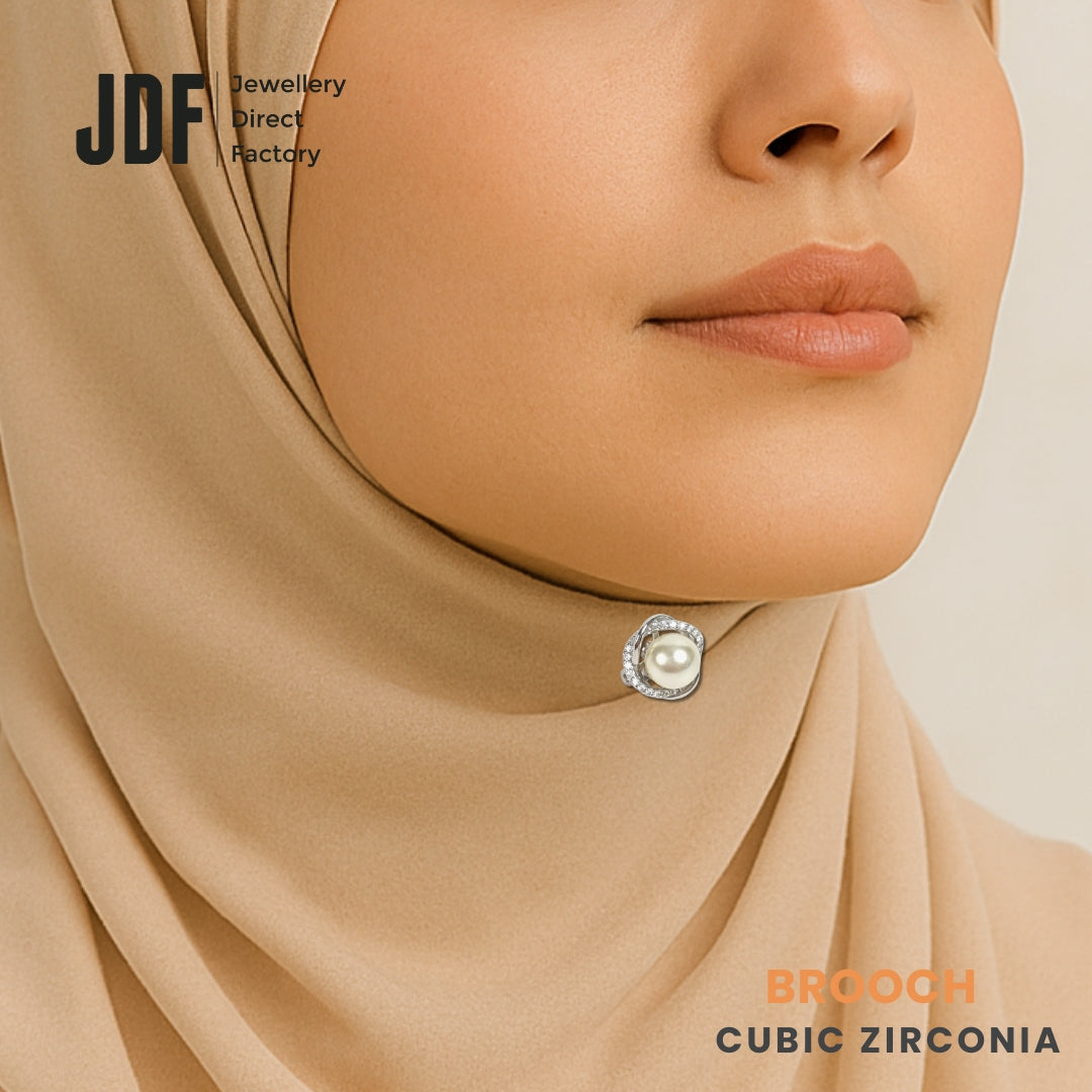 Floral-Shaped Brooch with Cubic Zirconia, Brooch, Worn on Tudung by Model, Crystals from Europe, One-Year Warranty - Jewellery Direct Factory in alabaster background