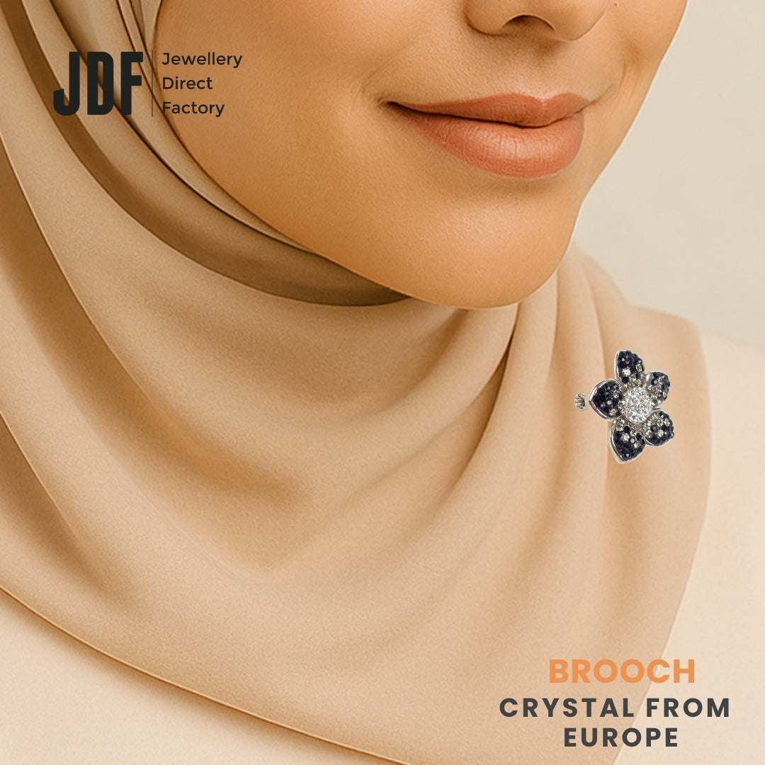 Flower Brooch with Crystals from Europe, Brooch, Worn on Tudung by Model, Crystals from Europe, One-Year Warranty - Jewellery Direct Factory in alabaster background