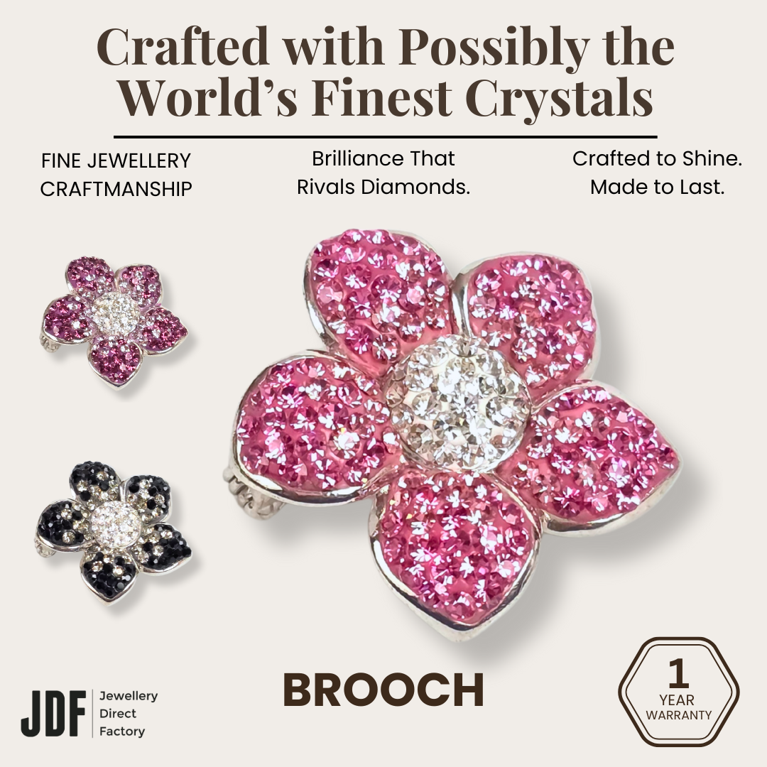 Flower Brooch with Crystals from Europe, Brooch, Purple, Pink, Black, Crystals from Europe, One-Year Warranty - Jewellery Direct Factory in alabaster background