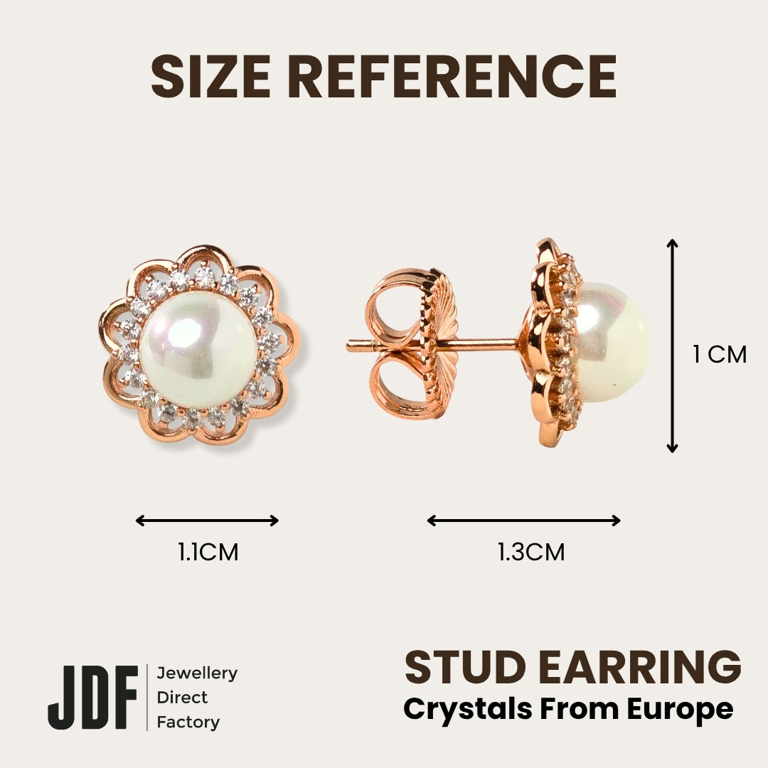 Flower Pearl Stud Earrings with Crystals from Europe, Crystal Earrings, Size Reference, Crystals from Europe, One-Year Warranty - Jewellery Direct Factory in alabaster background
