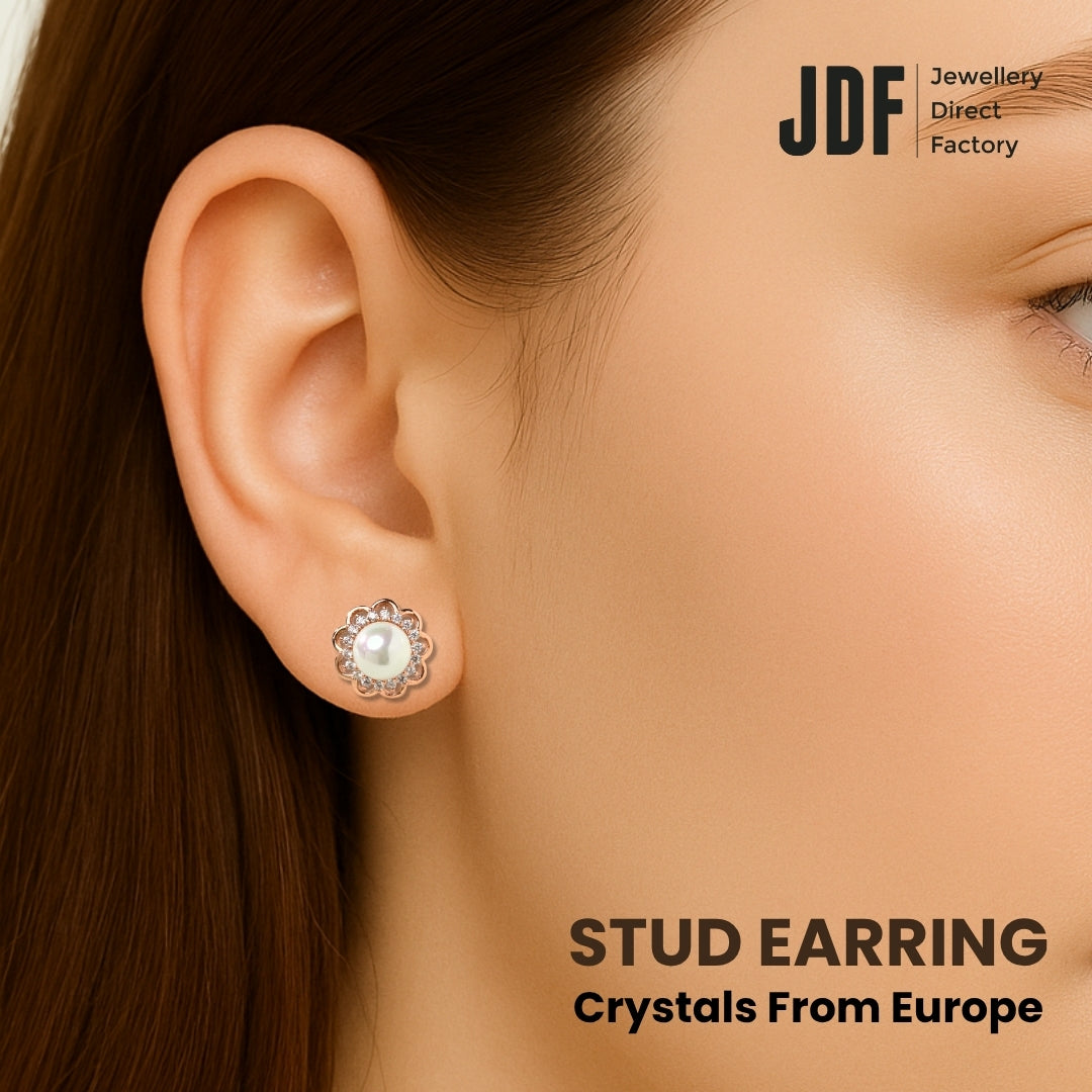 Flower Pearl Stud Earrings with Crystals from Europe, Crystal Earrings, Worn by Model, Crystals from Europe, One-Year Warranty - Jewellery Direct Factory in alabaster background