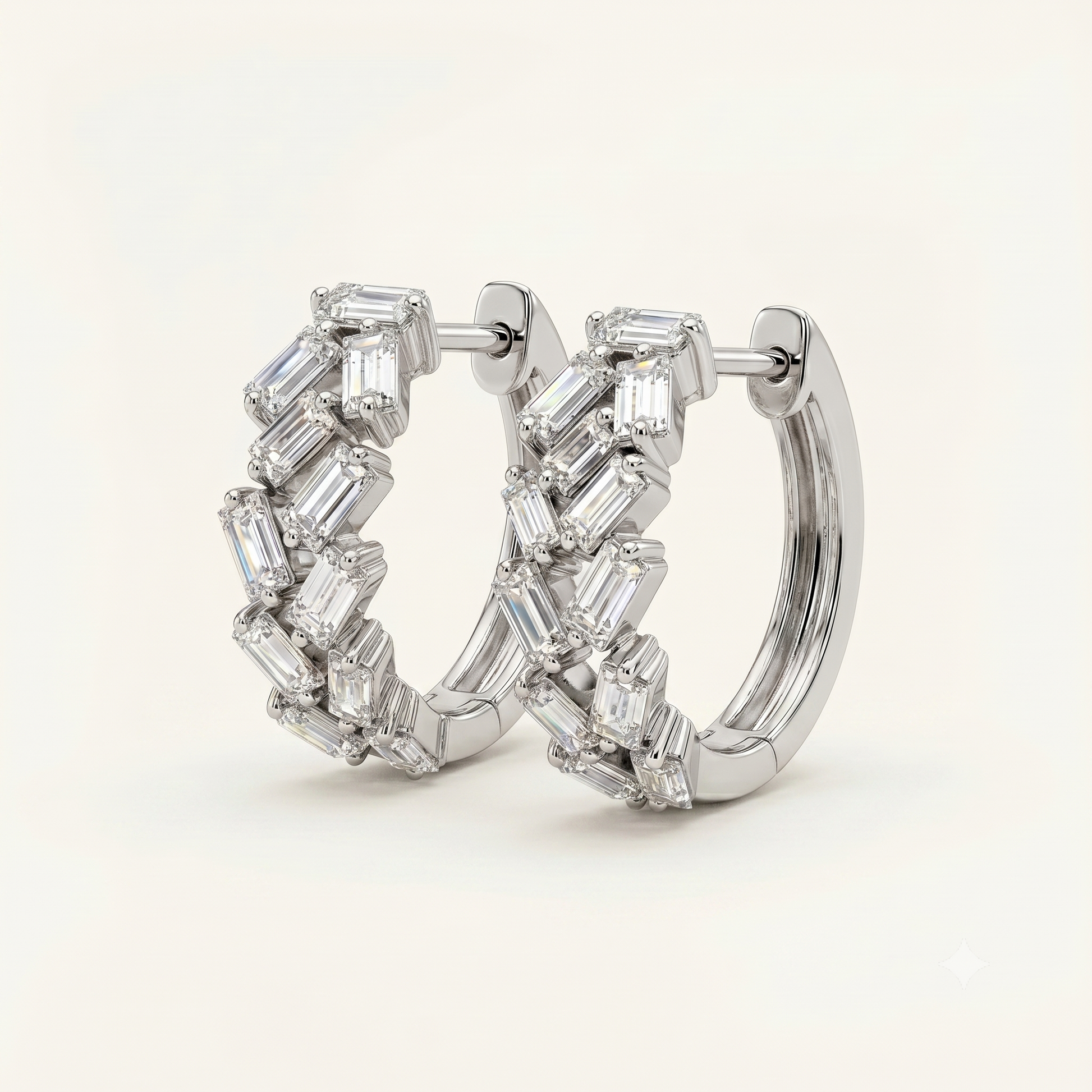 Petite 18K Gold Hoop Earrings with Asymmetric Baguette Lab Diamonds