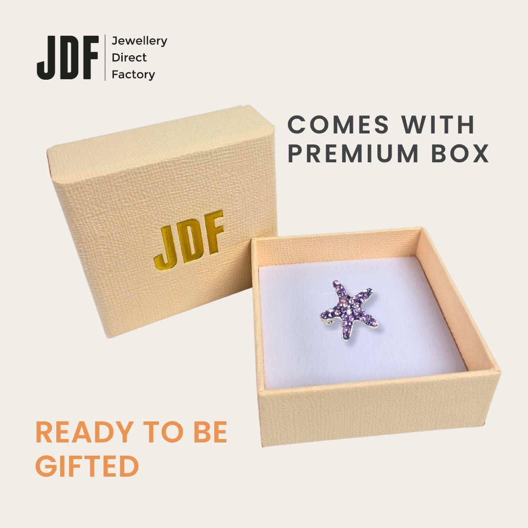 Glam Starfish Brooch with Crystal From Europe, Brooch, Packaging Display, Crystals from Europe, One-Year Warranty - Jewellery Direct Factory in alabaster background