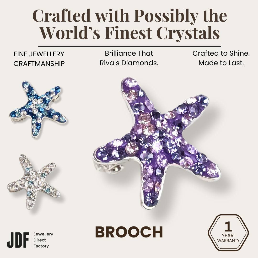 Glam Starfish Brooch with Crystal From Europe, Brooch, Purple, Blue, White, Crystals from Europe, One-Year Warranty - Jewellery Direct Factory in alabaster background