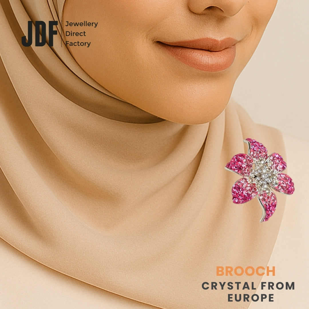 Glamourous Flower Brooch with Crystal From Europe, Brooch, Worn on Tudung by Model, Crystals from Europe, One-Year Warranty - Jewellery Direct Factory in alabaster background