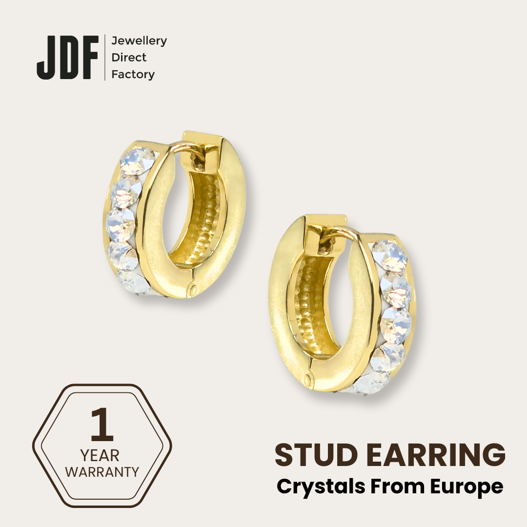 Huggies Earrings with Crystals from Europe, Crystal Earrings, Gold, Crystals from Europe, One-Year Warranty - Jewellery Direct Factory in alabaster background