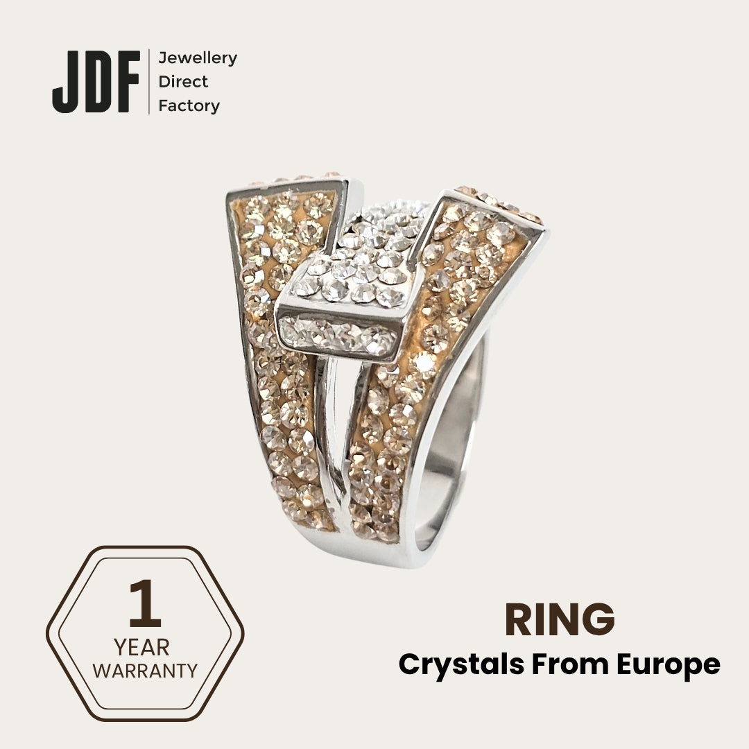 Signature Belt Design Ring with Crystals From Europe, Crystal Ring, Gold, Crystals From Europe, One-Year Warranty - Jewellery Direct Factory in alabaster background