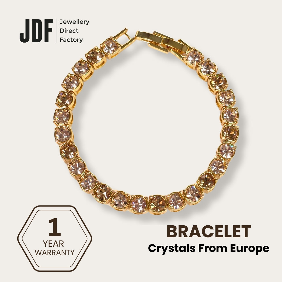 Tennis Bracelet 5mm with Crystal From Europe, Crystal Bracelet, Gold, Crystal From Europe, One-Year Warranty - Jewellery Direct Factory in alabaster background