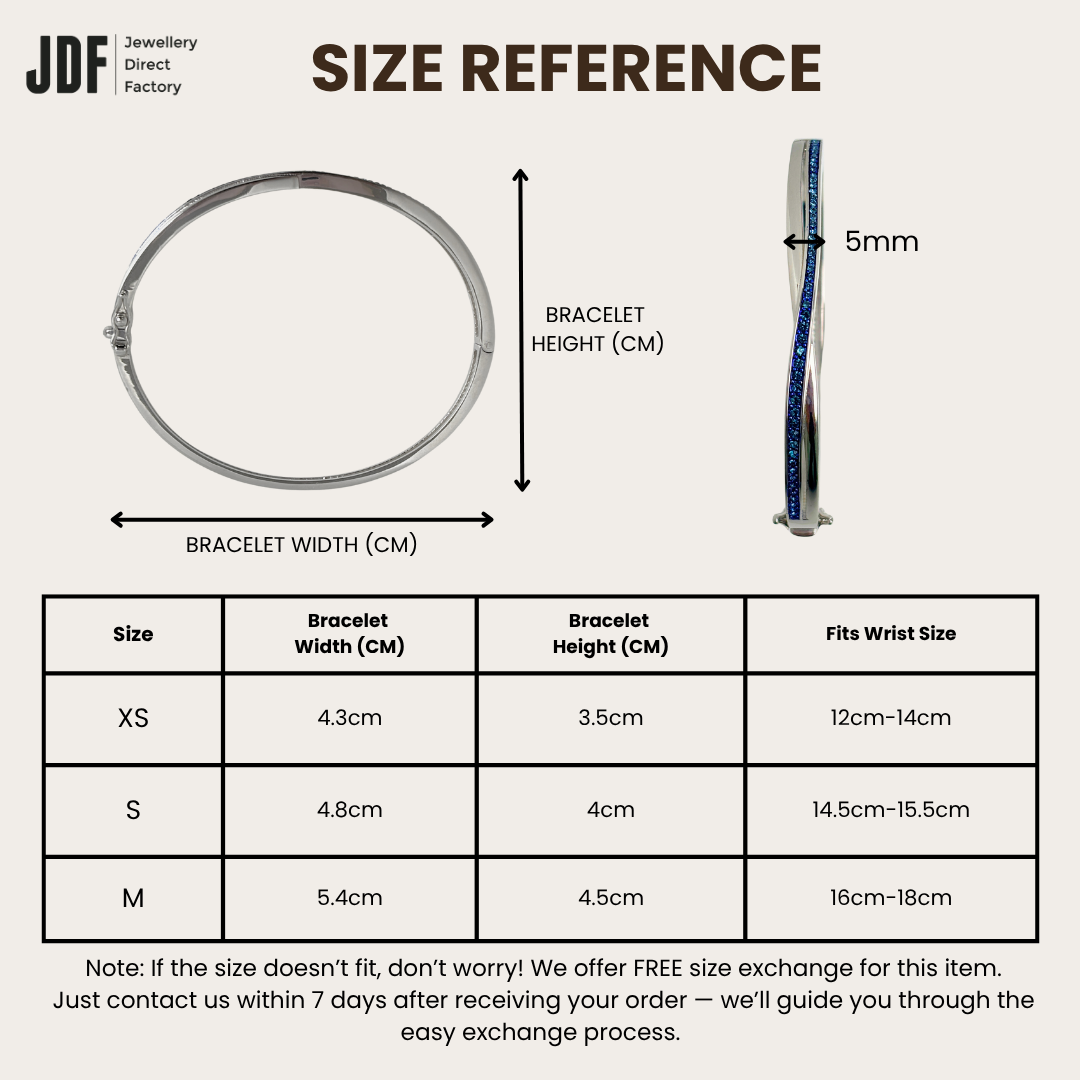 Grace Hinge Bangle with European Crystals, Crystal Bangle, Size Reference, Crystals From Europe, One-Year Warranty - Jewellery Direct Factory in alabaster background