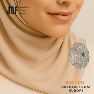 Grand Blossom Big Brooch with Crystals from Europe, Brooch, Worn on Tudung by Model, Crystals from Europe, One-Year Warranty - Jewellery Direct Factory in alabaster background
