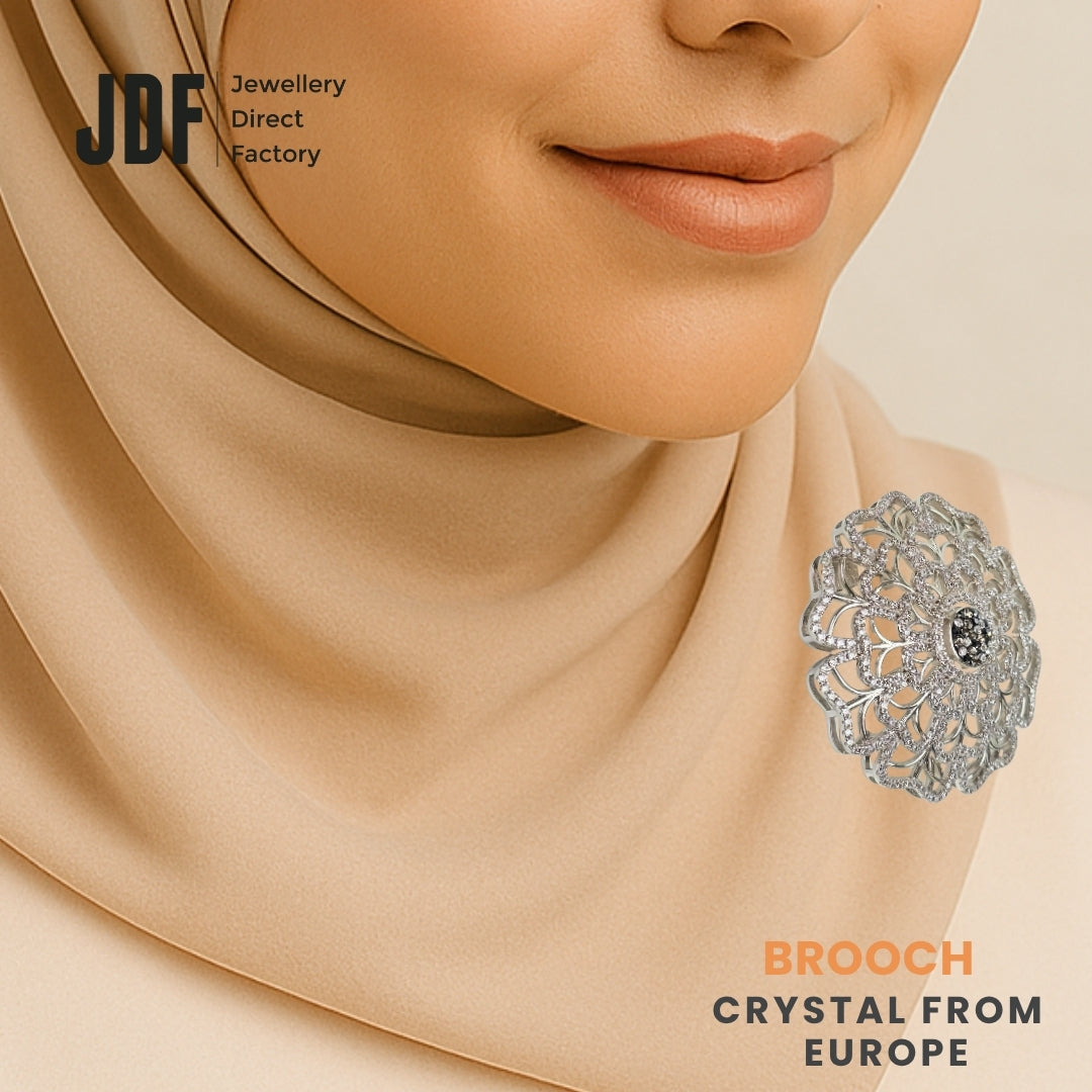 Grand Blossom Big Brooch with Crystals from Europe, Brooch, Worn on Tudung by Model, Crystals from Europe, One-Year Warranty - Jewellery Direct Factory in alabaster background