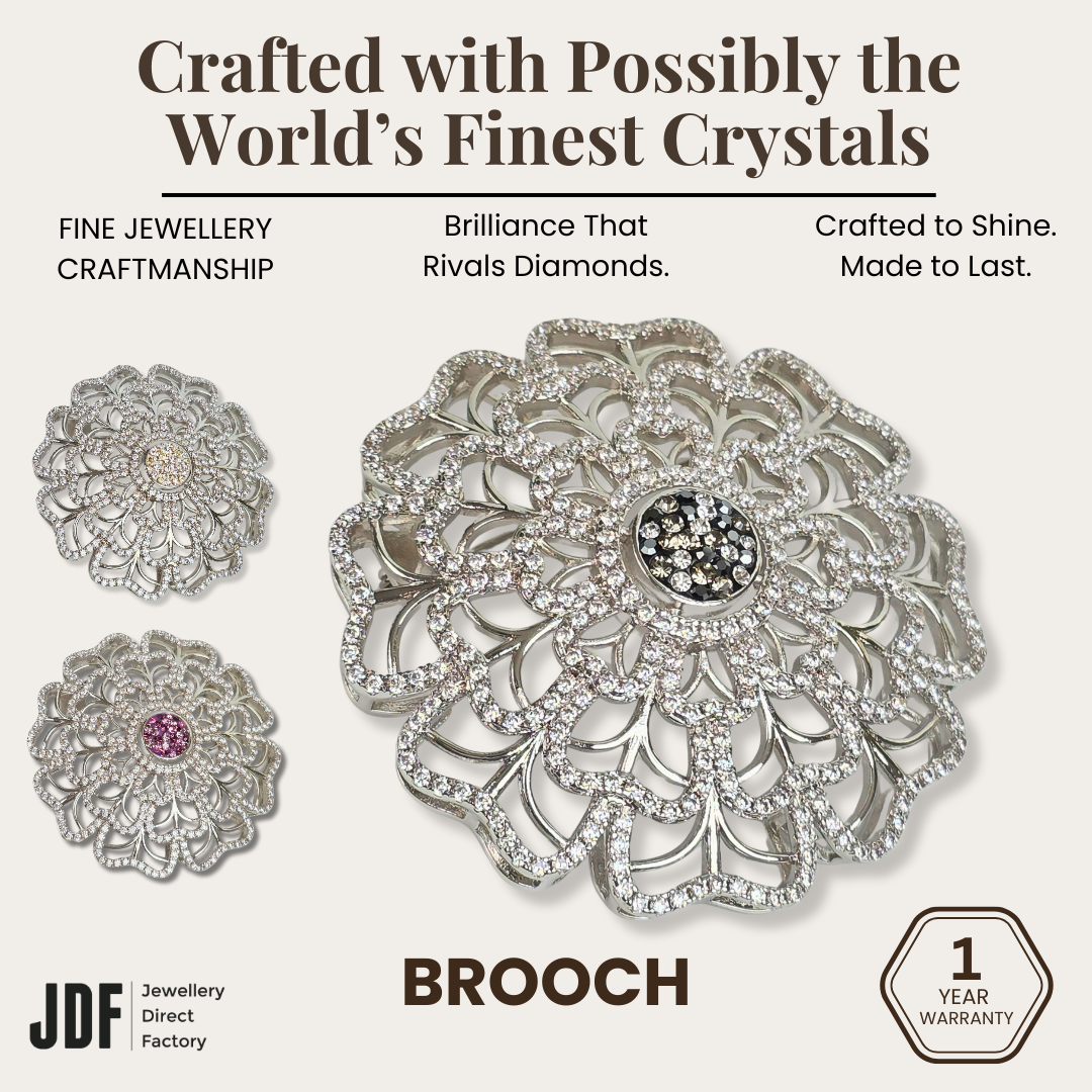 Grand Blossom Big Brooch with Crystals from Europe, Brooch, Beige, Fuchsia, Black, Crystals from Europe, One-Year Warranty - Jewellery Direct Factory in alabaster background