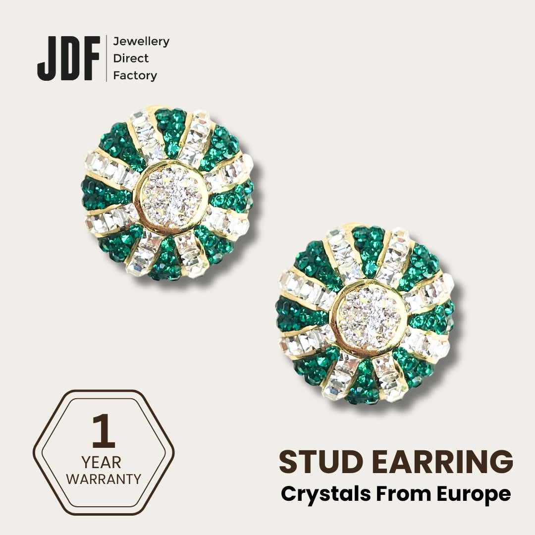 Crown Elegant Omega Claps Earrings with Crystals from Europe, Crystal Earrings, Green, Crystals from Europe, One-Year Warranty - Jewellery Direct Factory in alabaster background